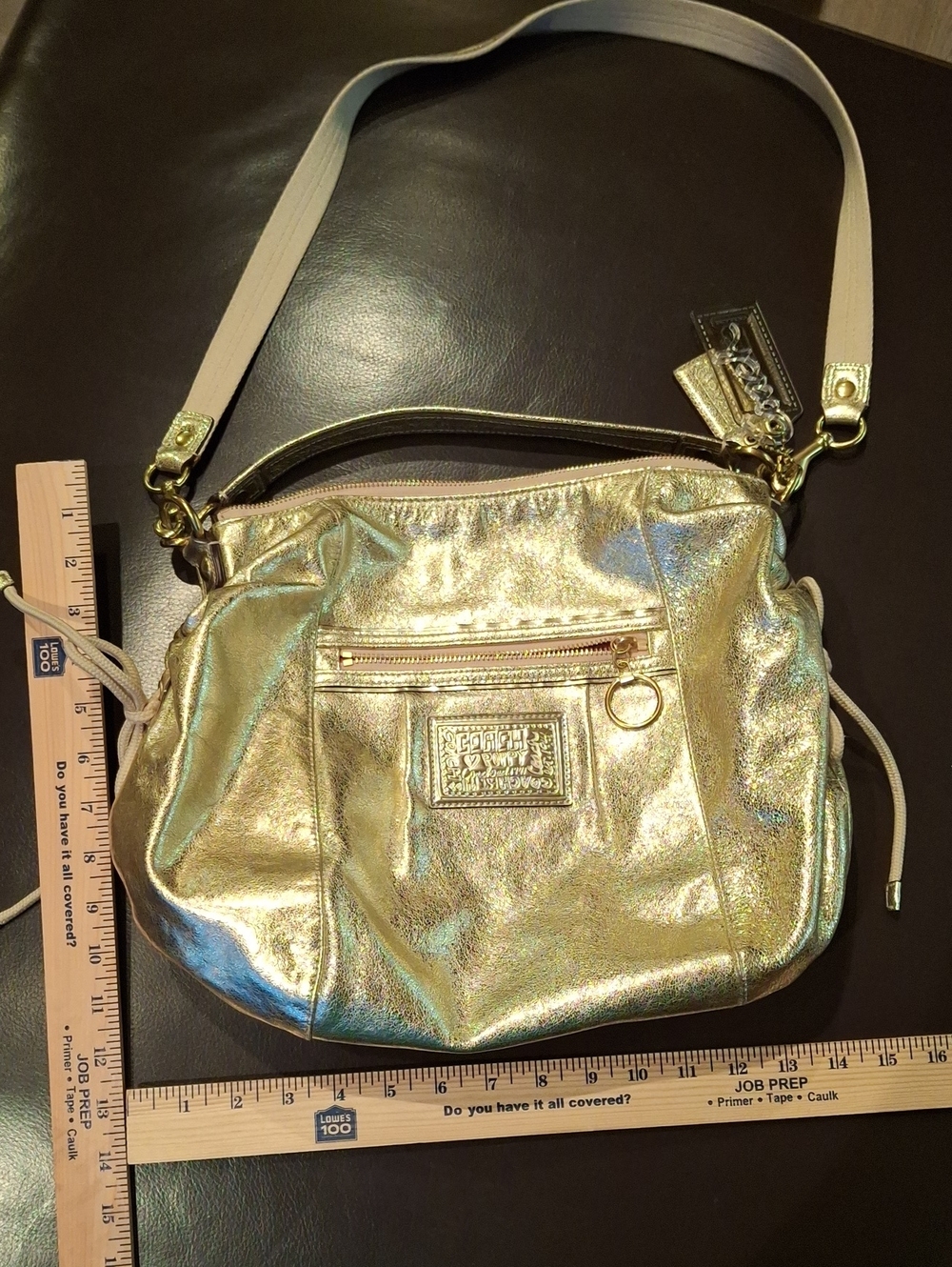 Coach Metallic Gold Shoulder Bag with Light Beige Strap